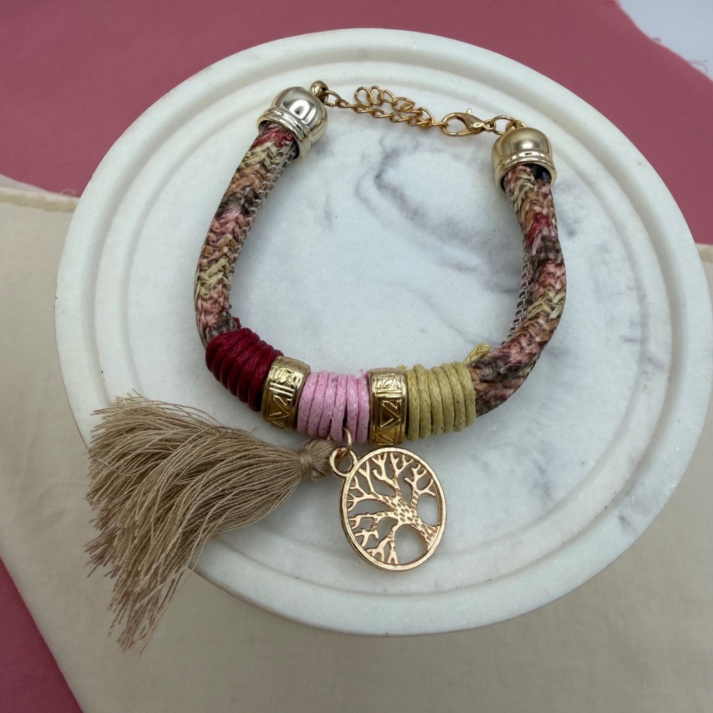 Boho Tree of Life Tassel Cord Bracelet Gold Tone Multi Color Adjustable Charm